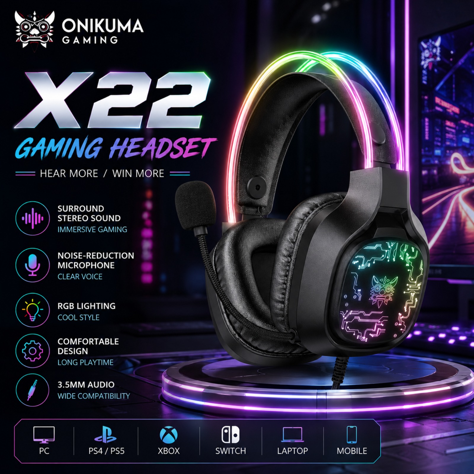 Gaming Headset With Mic Rgb - ONIKUMA X22 Bedrade Gaming Headset RGB